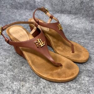 Ralph Lauren Jeannie Thong Wedge Sandal Size 7.5 Preppy Brown Logo Shoes